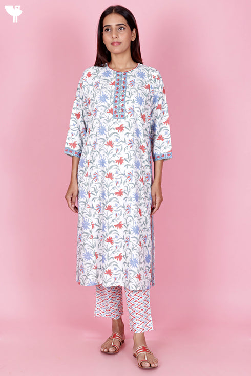 Bizzy Lizzy Kurta And Pant Set With Kota Dupatta In Block Print